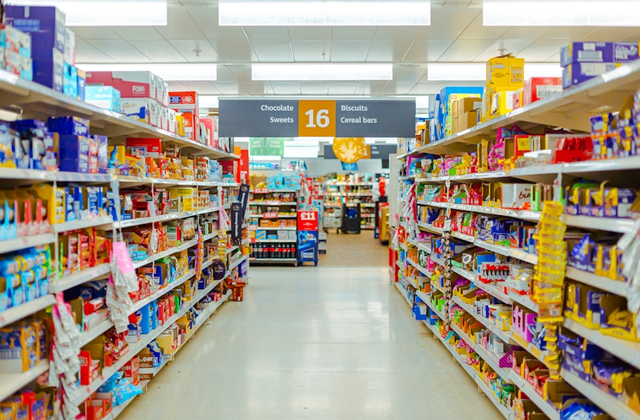 Packaged groceries on supermarket shelves