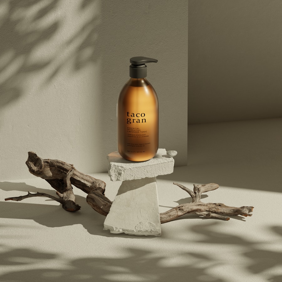 An amber pump bottle of liquid soap on a stone plinth